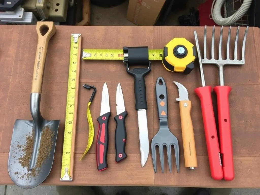 Tools needed for French drain installation including shovel, level, and tape measure Tools needed for French drain installation including shovel, level, and tape measure