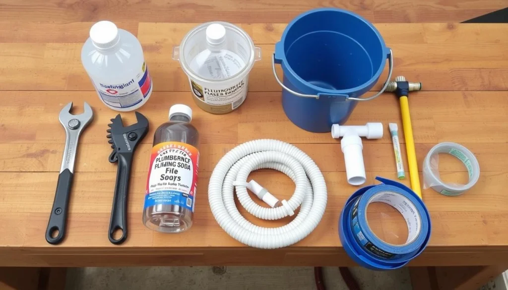Tools needed for draining an outdoor sink laid out on a workbench Tools needed for draining an outdoor sink laid out on a workbench