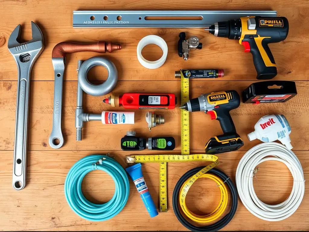 Tools needed for outdoor faucet installation laid out on a workbench Tools needed for outdoor faucet installation laid out on a workbench