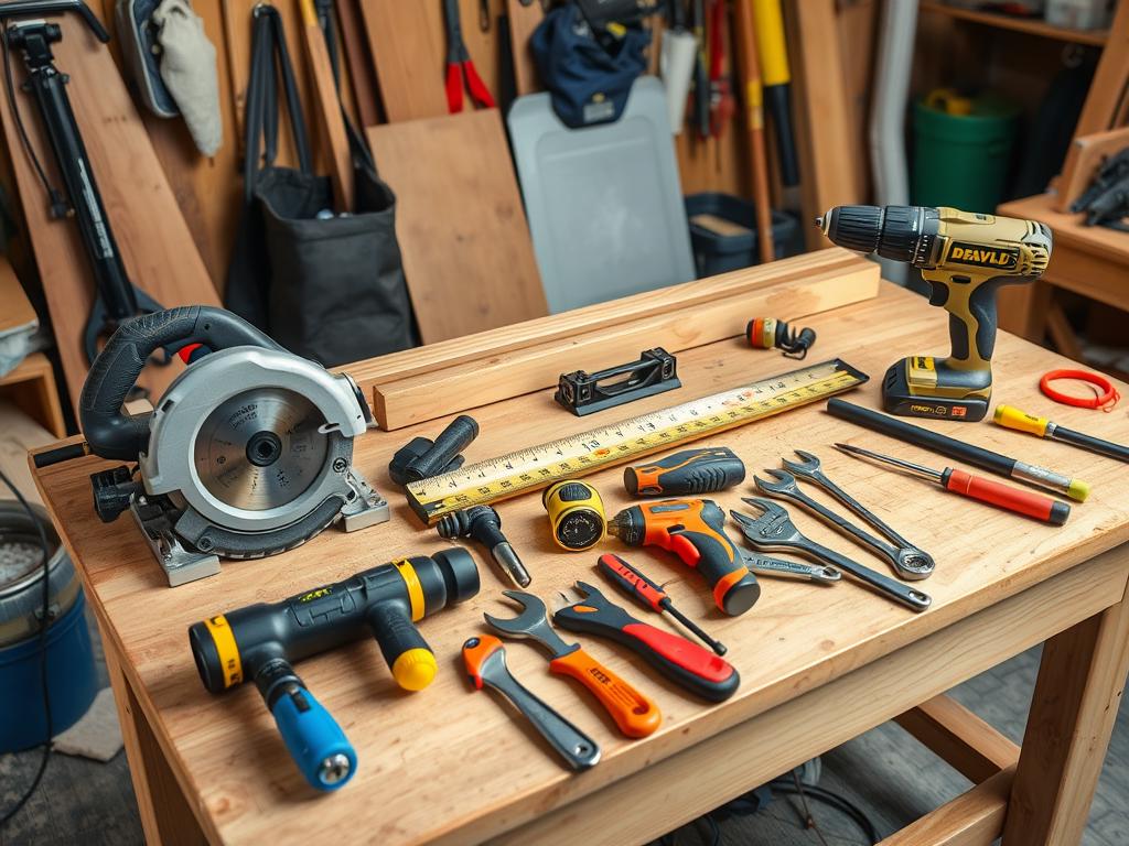 Tools needed for outdoor sink construction laid out on workbench
