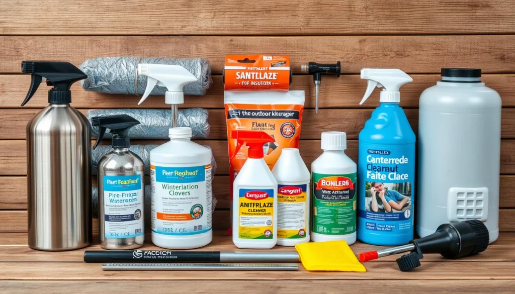 Winterization supplies laid out including covers, cleaners, and tools for outdoor kitchen preparation Winterization supplies laid out including covers, cleaners, and tools for outdoor kitchen preparation