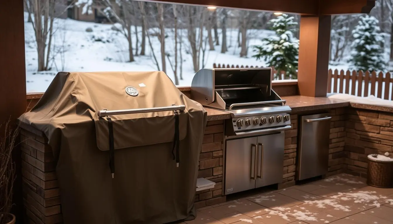 Winterize outdoor kitchen covered with protective materials for the cold season