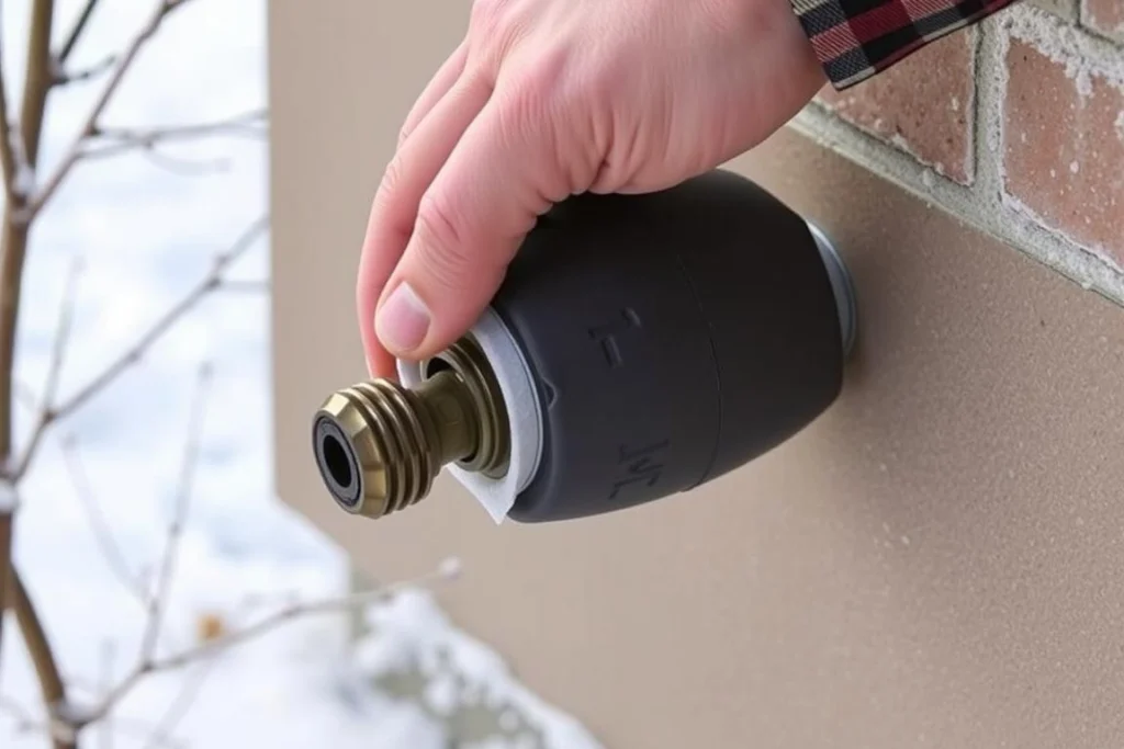 Winterizing an outdoor faucet with insulated cover Winterizing an outdoor faucet with insulated cover