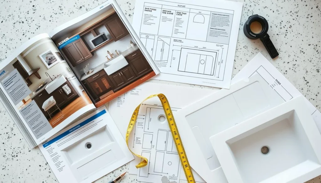 Kitchen renovation planning with Kohler product catalog and measurements