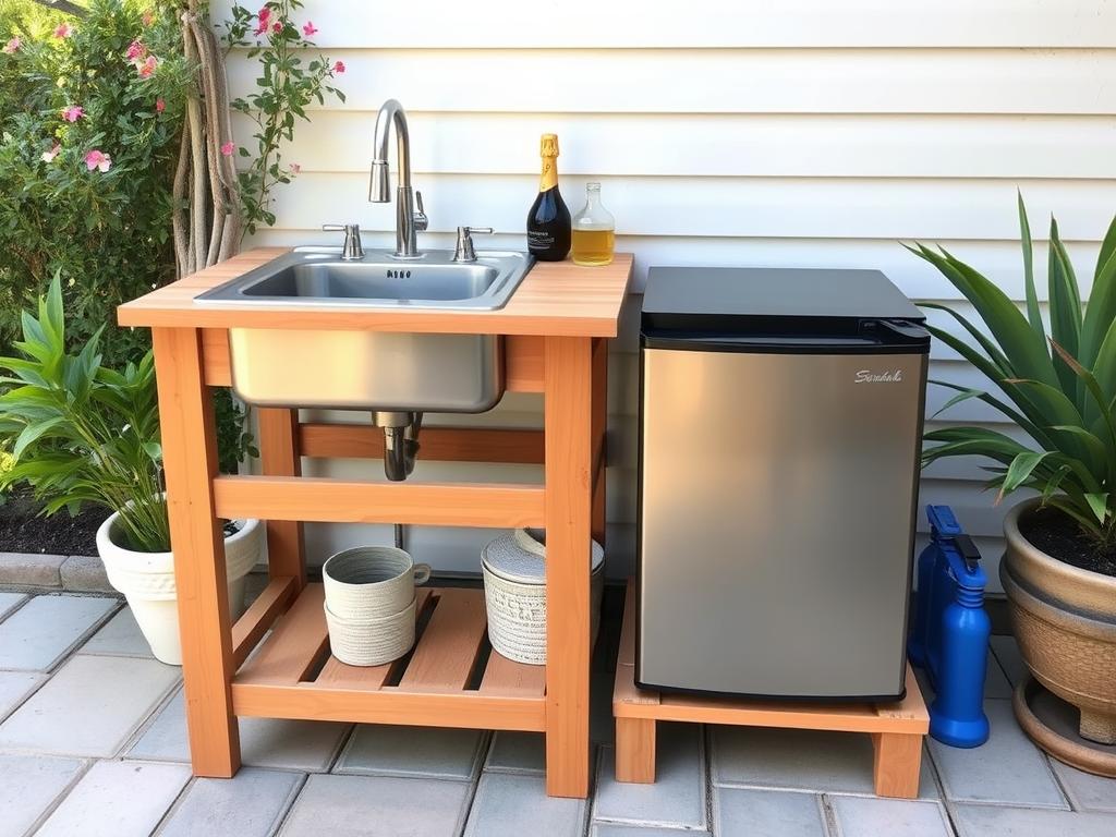 Affordable outdoor sink and compact refrigerator combination