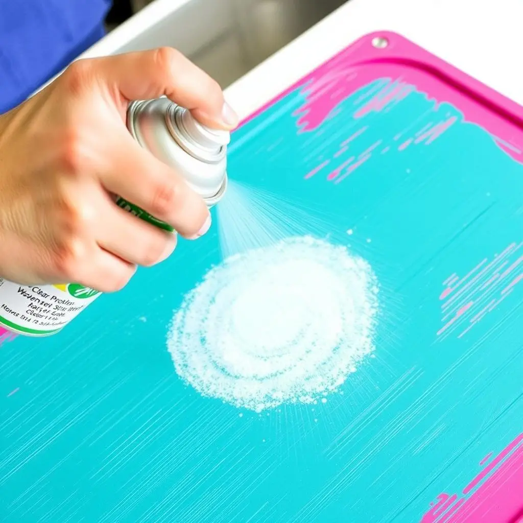 Applying weather protection spray to a Dollar Tree sink mat project Applying weather protection spray to a Dollar Tree sink mat project