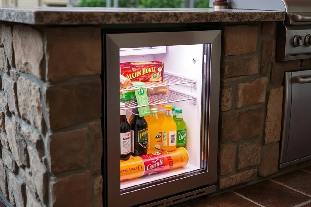 Built-in outdoor refrigerator with glass door showing beverages inside Built-in outdoor refrigerator with glass door showing beverages inside