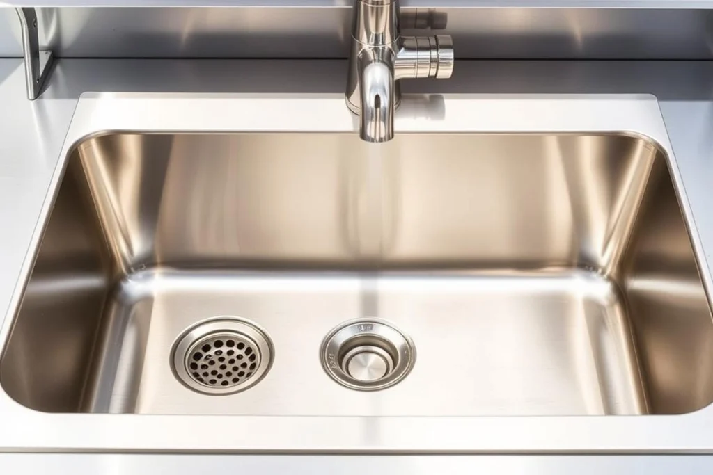 Close-up of a high-quality stainless steel sink in a portable outdoor kitchen Close-up of a high-quality stainless steel sink in a portable outdoor kitchen