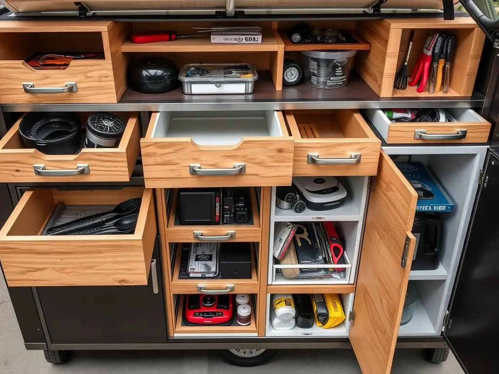 Close-up of storage compartments in a portable outdoor kitchen Close-up of storage compartments in a portable outdoor kitchen