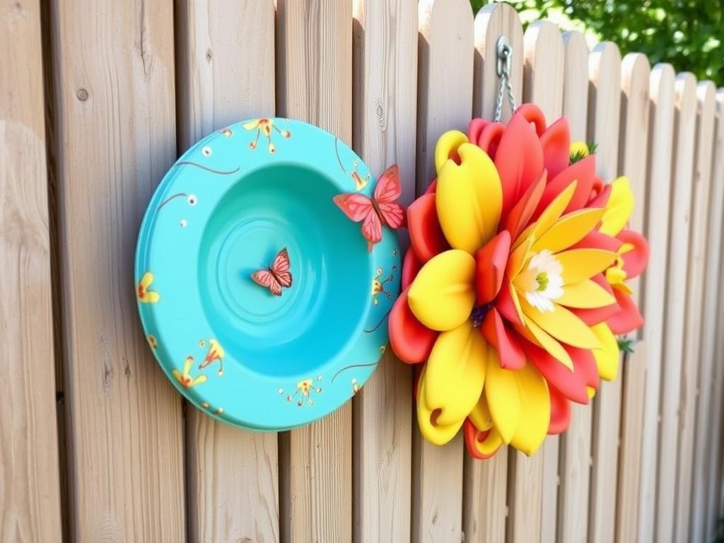 Colorful sink mat wall art hanging on outdoor fence