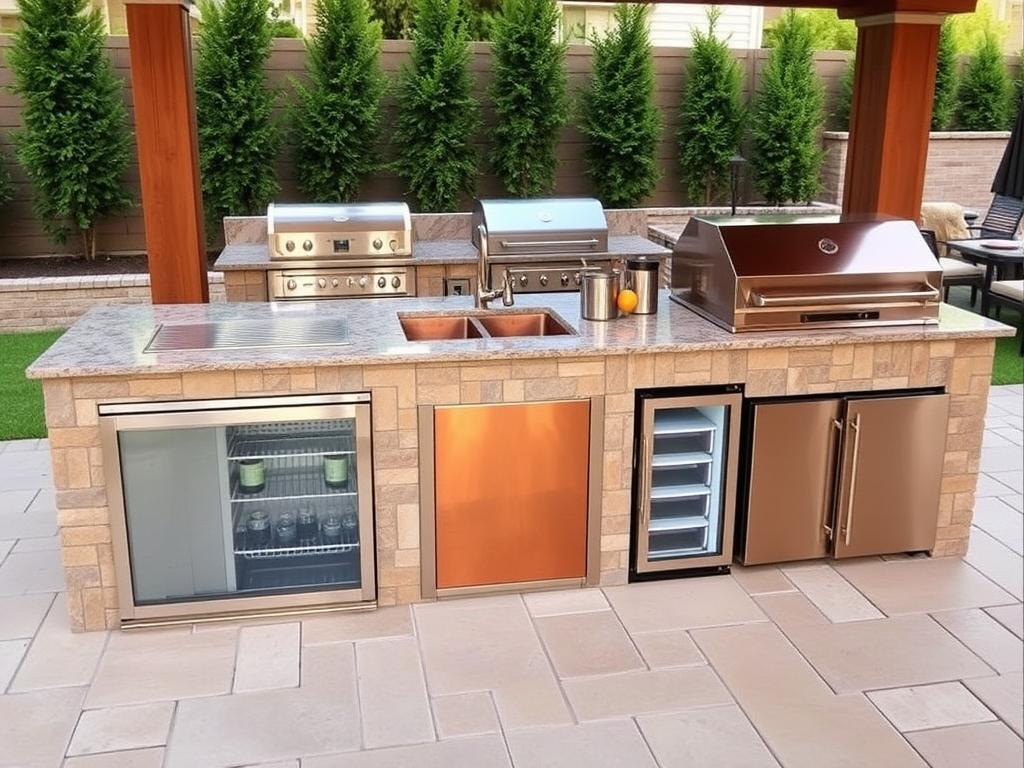 Complete outdoor kitchen system with copper sink and multiple refrigeration options