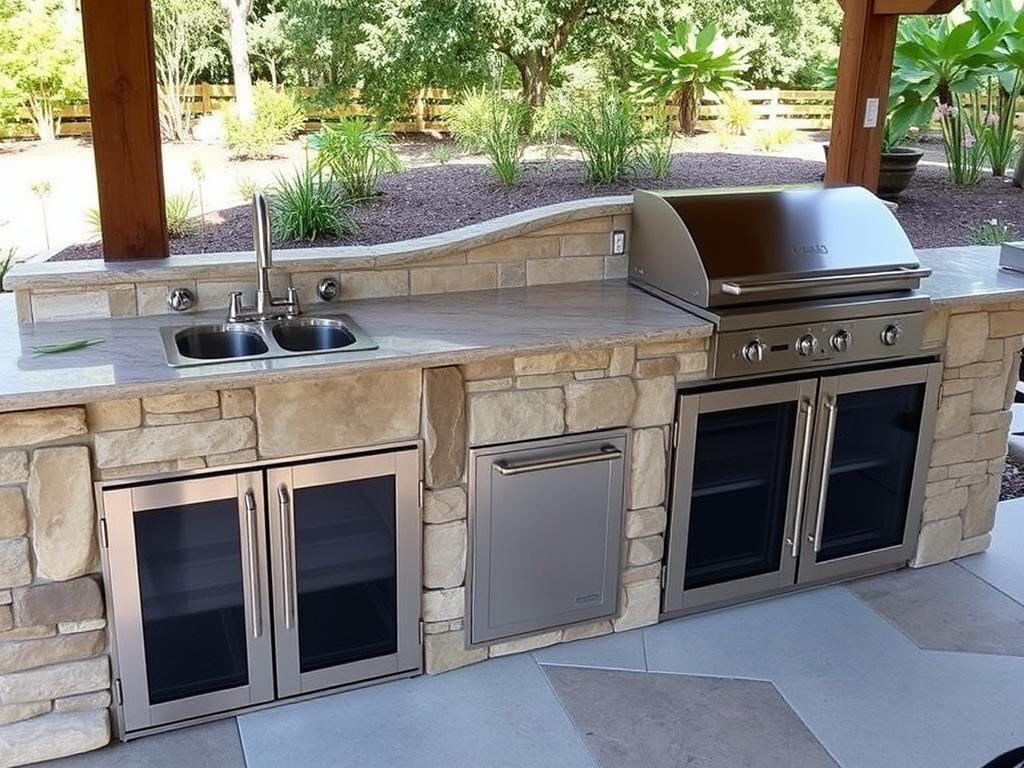 Custom stone outdoor kitchen with integrated sink and built-in refrigerator drawers