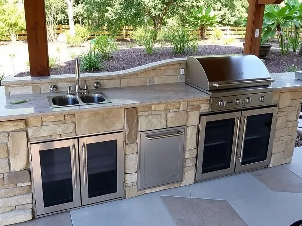 Custom stone outdoor kitchen with integrated sink and built-in refrigerator drawers Custom stone outdoor kitchen with integrated sink and built-in refrigerator drawers