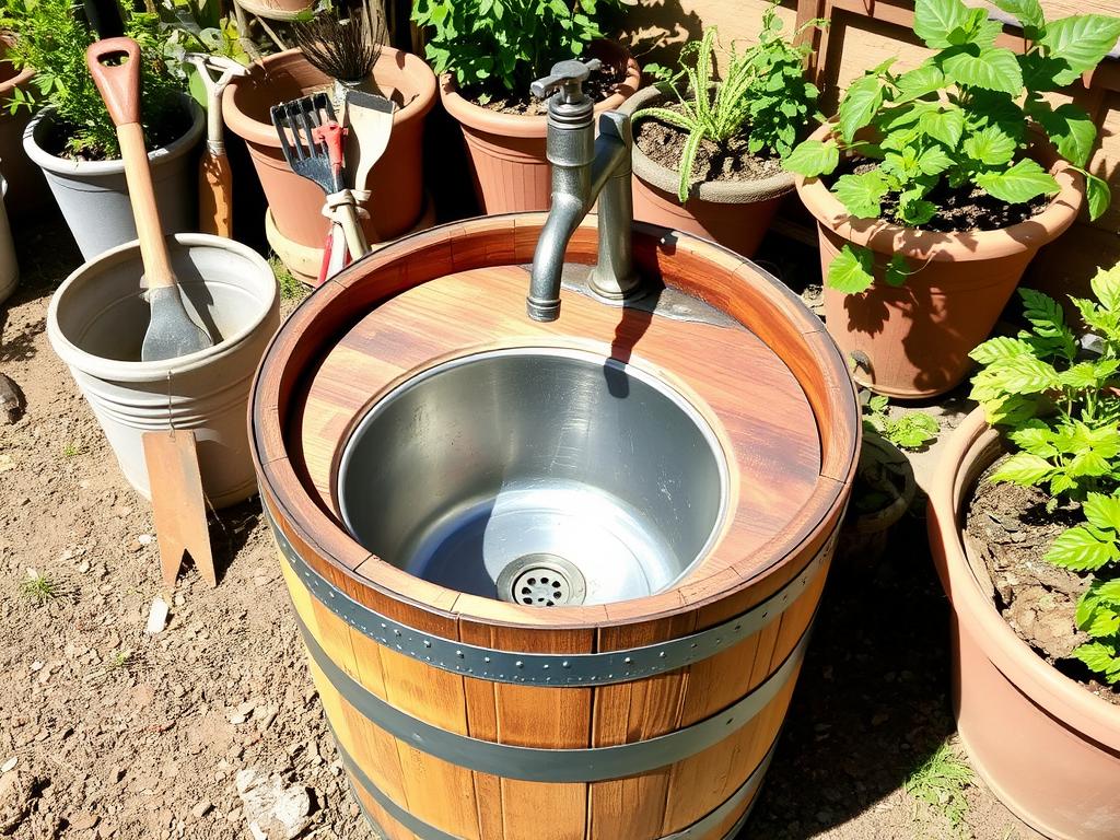 DIY rustic outdoor sink made from old wooden barrel