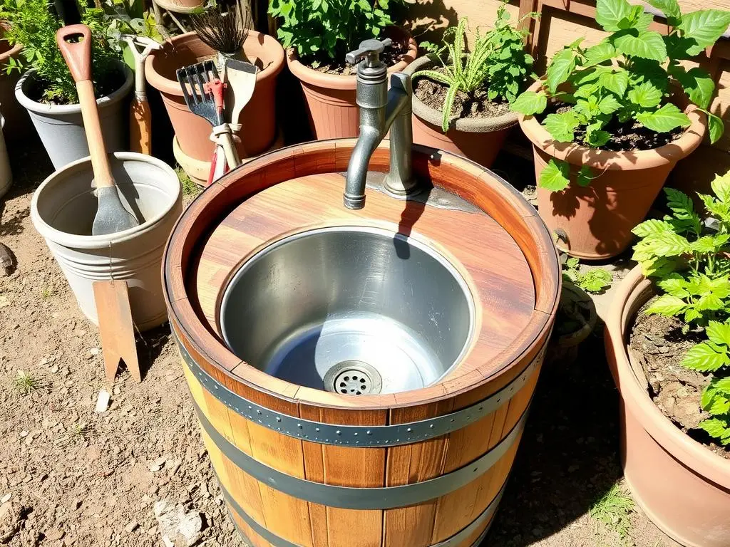 DIY rustic outdoor sink made from old wooden barrel DIY rustic outdoor sink made from old wooden barrel