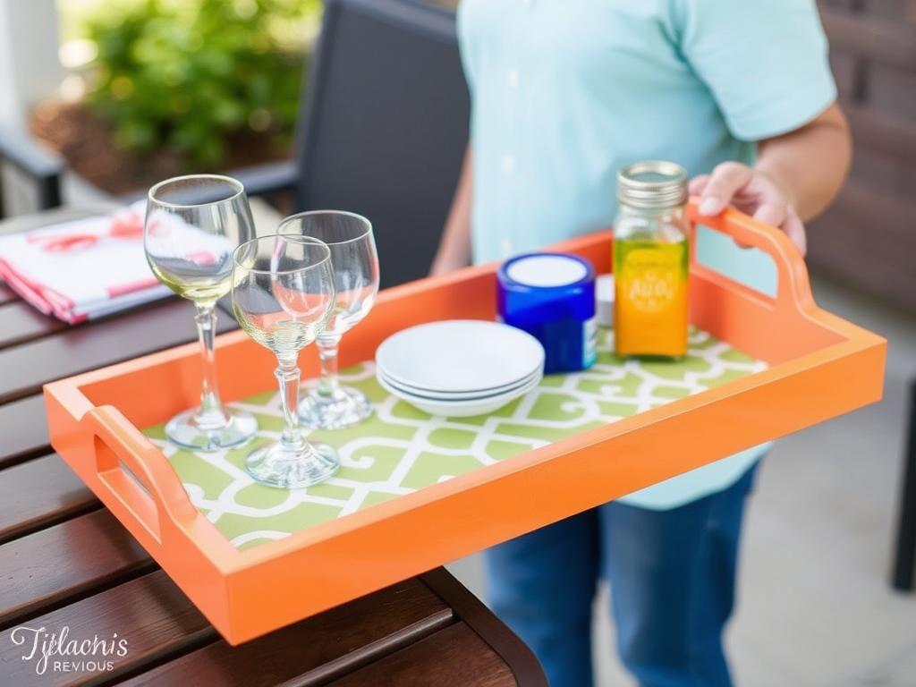 Decorative outdoor serving tray made from Dollar Tree sink mats