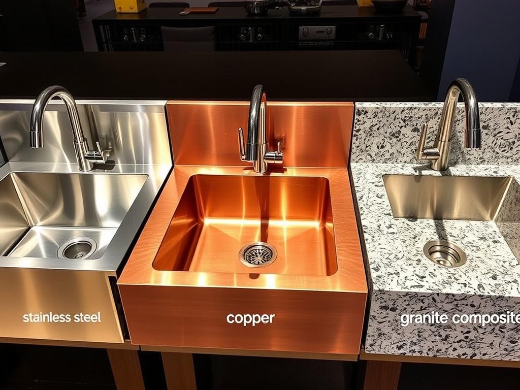 Different outdoor kitchen sink materials displayed side by side