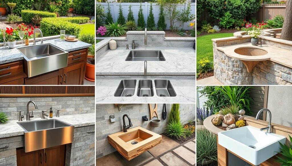 Different styles of outdoor sinks with faucets in various backyard settings