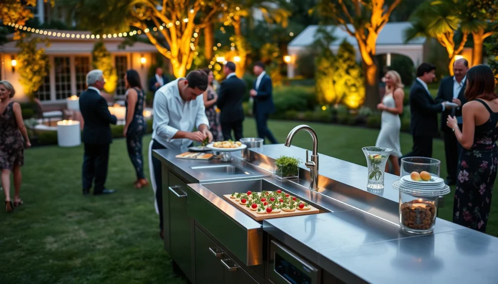 Elegant garden party using a portable outdoor kitchen with sink Elegant garden party using a portable outdoor kitchen with sink