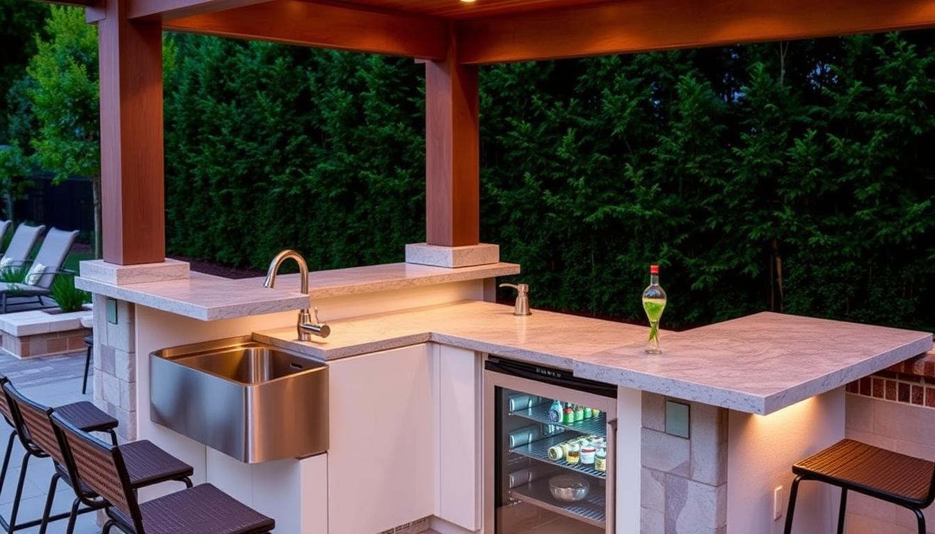 Elegant outdoor bar with sink installation in a backyard patio setting