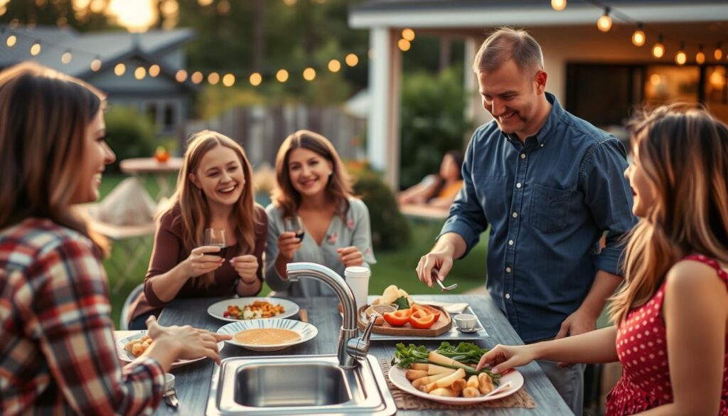 Family enjoying a meal prepared at their portable outdoor kitchen with sink Family enjoying a meal prepared at their portable outdoor kitchen with sink