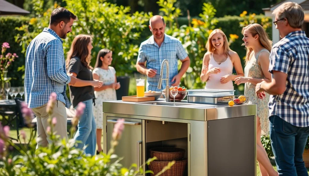 Family gathering around a portable outdoor kitchen with sink during a garden party Family gathering around a portable outdoor kitchen with sink during a garden party
