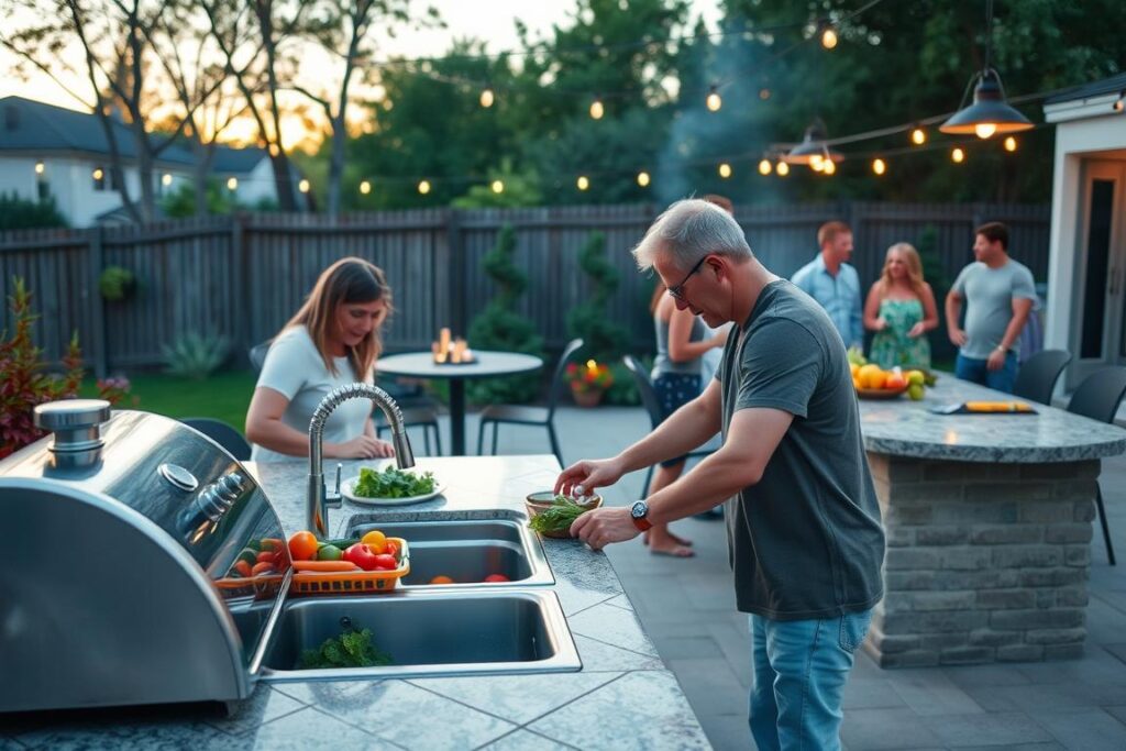 Family using outdoor kitchen sink during backyard barbecue