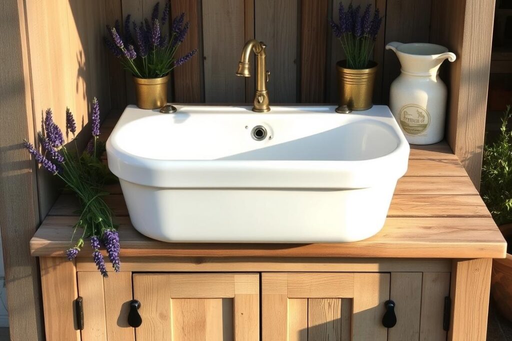 Farmhouse style rustic outdoor sink with white ceramic basin