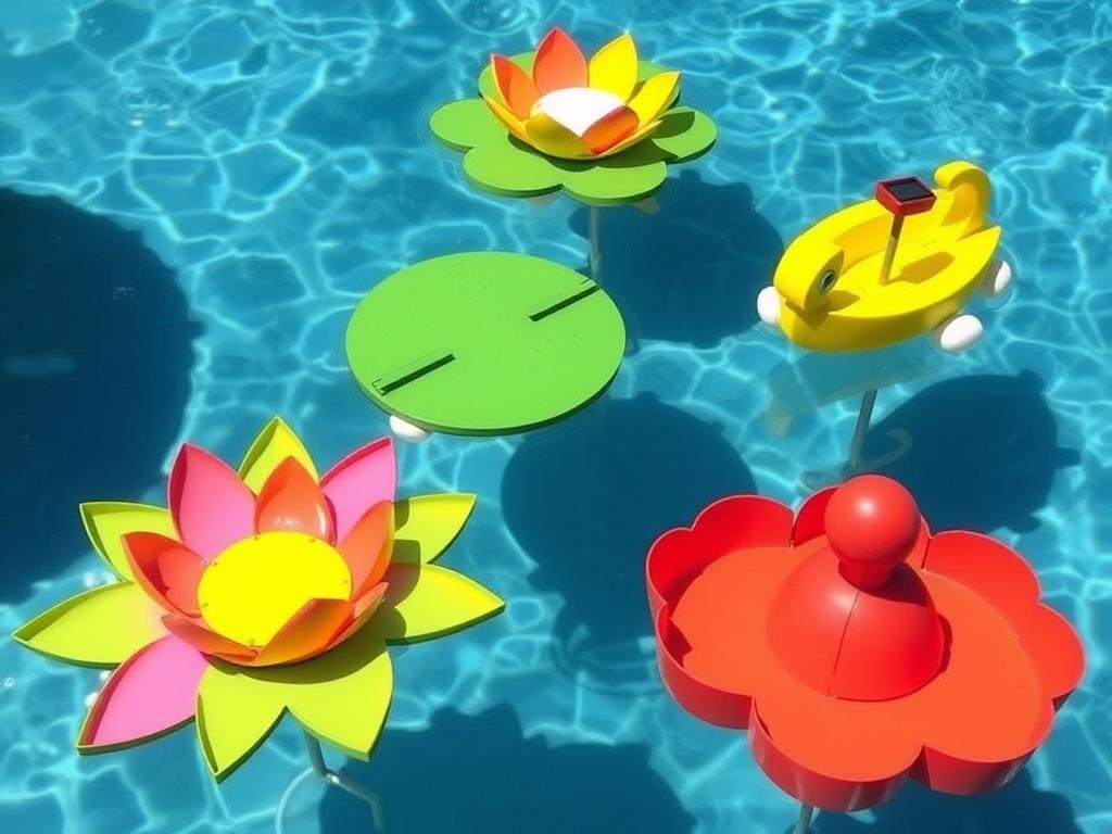 Floating decorations made from Dollar Tree sink mats in a pond