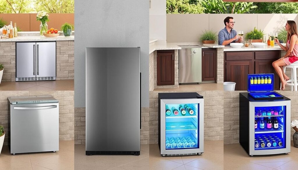 Four different outdoor refrigerator styles displayed in an outdoor kitchen setting