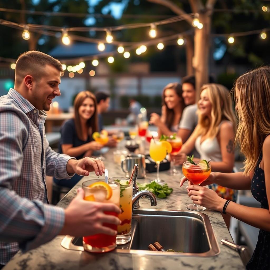 Friends enjoying drinks at an outdoor bar with sink