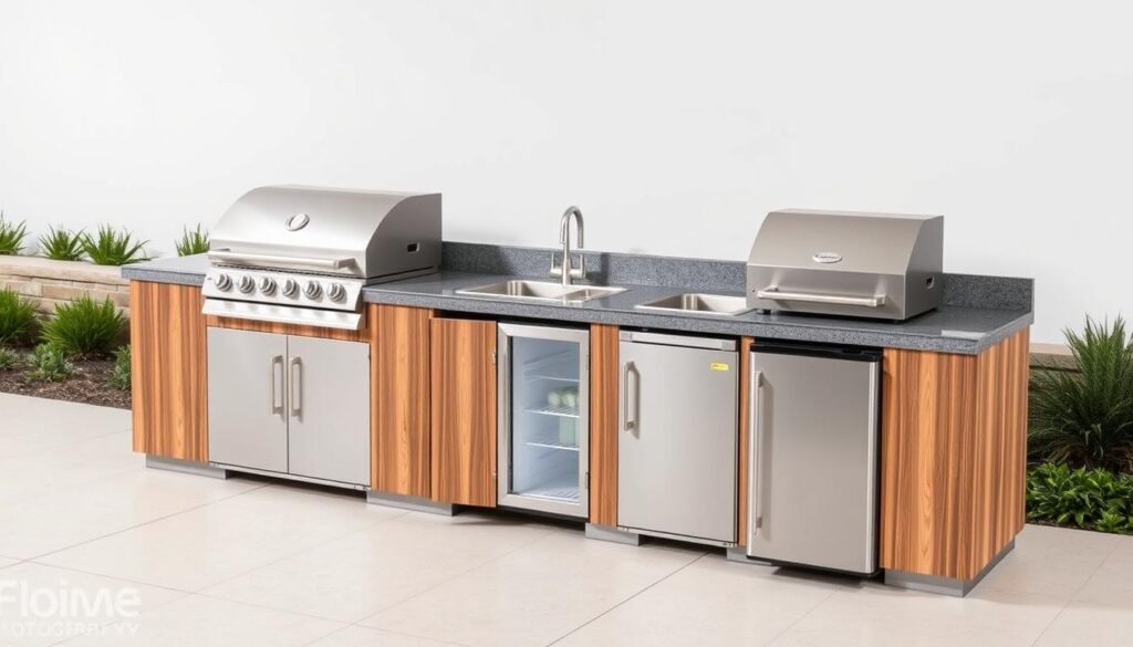 Fusion Flame Outdoor Kitchen with BBQ grill, sink and refrigerator