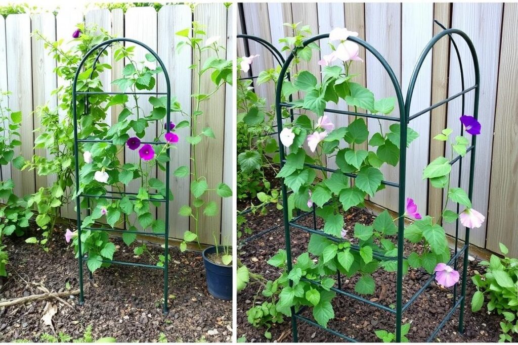 Garden trellis made from Dollar Tree sink mats with climbing plants