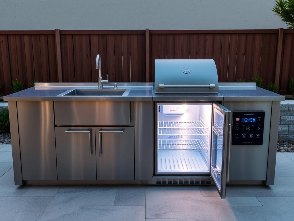 High-end stainless steel outdoor kitchen module with sink and dual-zone refrigerator