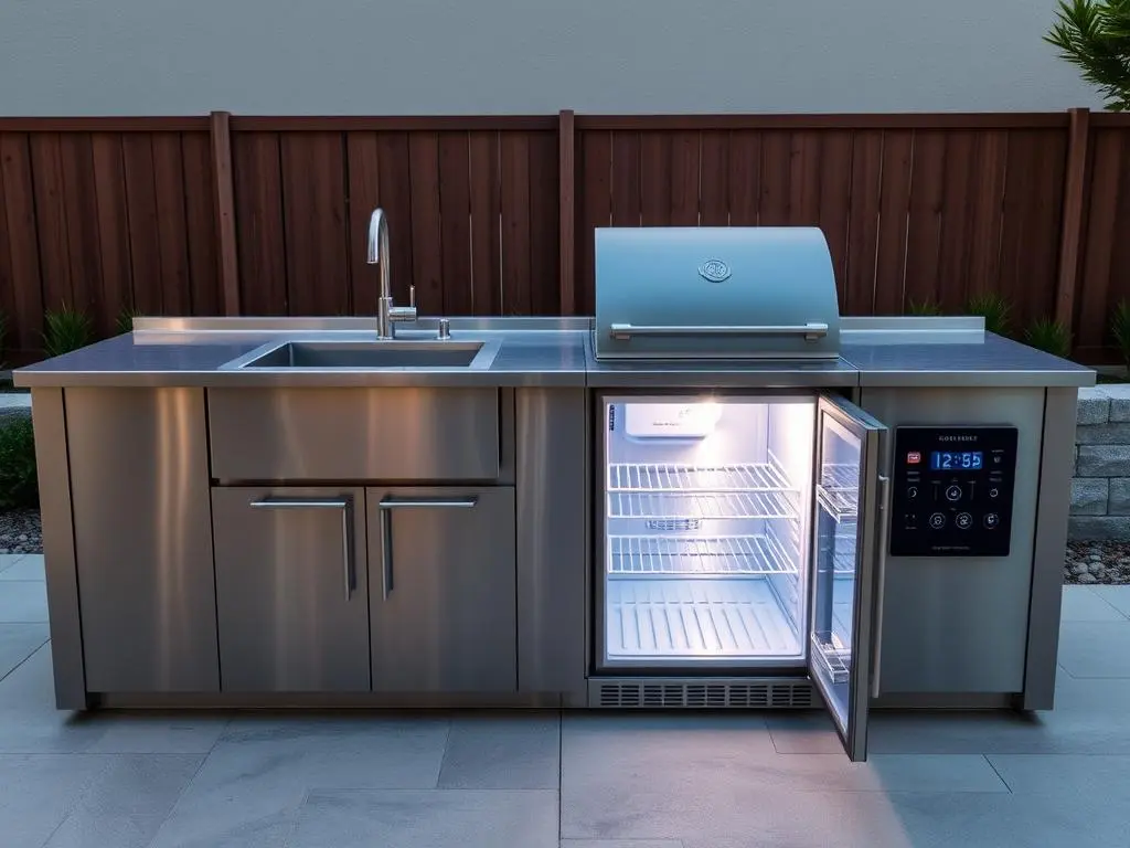 High-end stainless steel outdoor kitchen module with sink and dual-zone refrigerator High-end stainless steel outdoor kitchen module with sink and dual-zone refrigerator