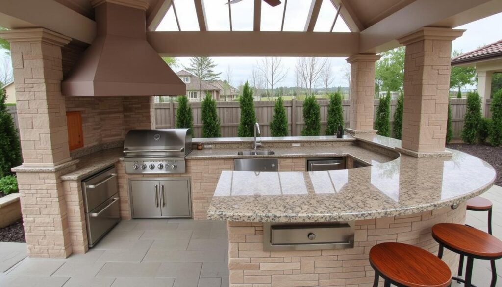 Integrated outdoor kitchen with bar sink positioned near grill