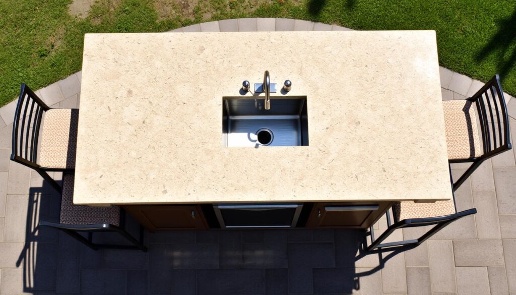 Island-style outdoor bar with sink and seating on multiple sides