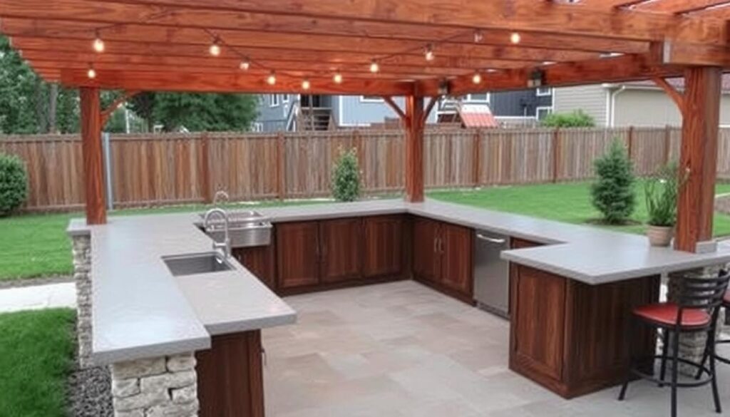 L-shaped outdoor bar utilizing corner space with built-in sink