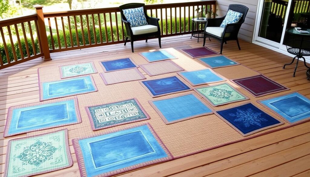 Large outdoor rug made from multiple Dollar Tree sink mats