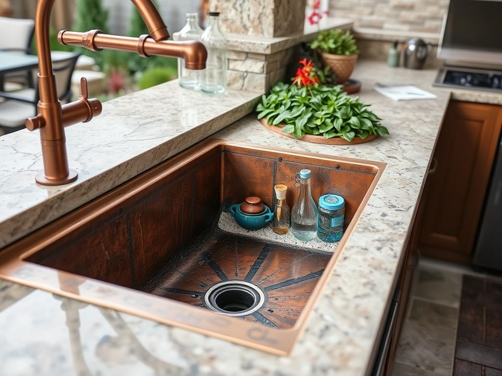 Luxury outdoor kitchen featuring a copper sink with developing patina