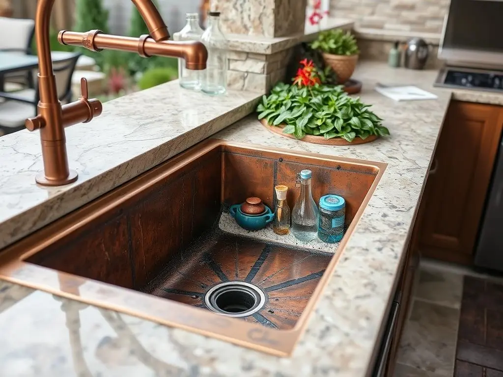 Luxury outdoor kitchen featuring a copper sink with developing patina Luxury outdoor kitchen featuring a copper sink with developing patina