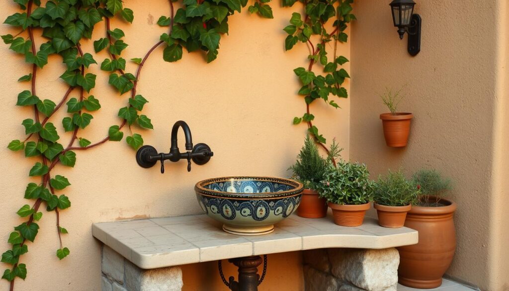 Mediterranean style rustic outdoor sink with ceramic basin