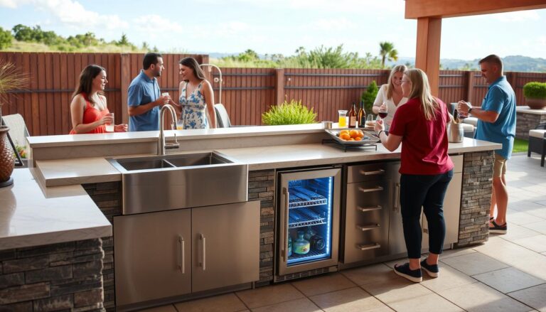 Modern outdoor kitchen with stainless steel sink and built-in refrigerator on a patio