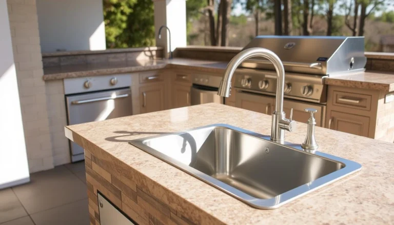 Modern outdoor kitchen with stainless steel sink installed in stone countertop