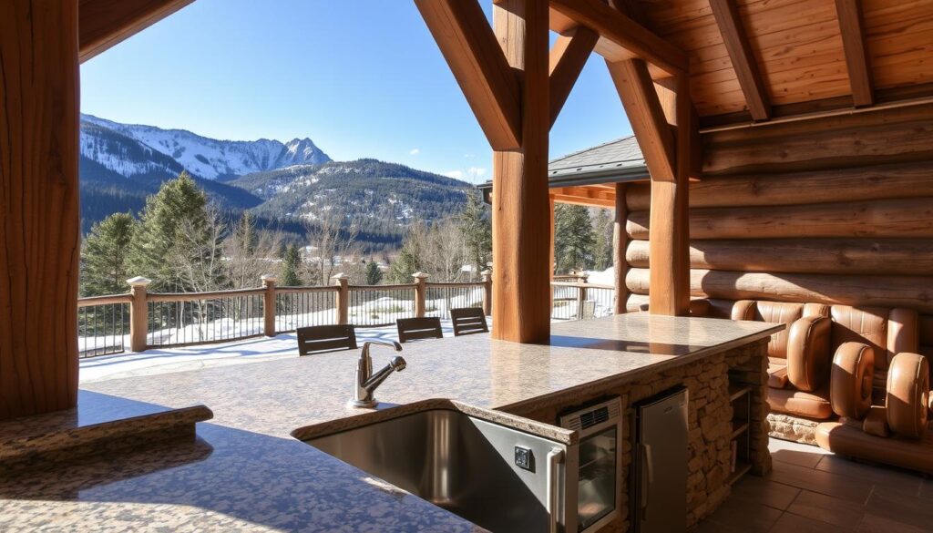 Mountain cabin outdoor bar with winterized sink system