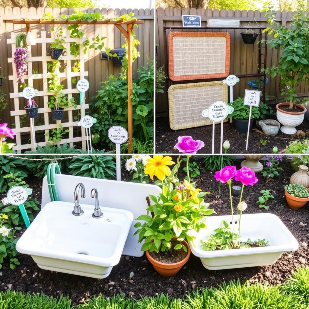 Multiple Dollar Tree sink mat projects displayed in a garden