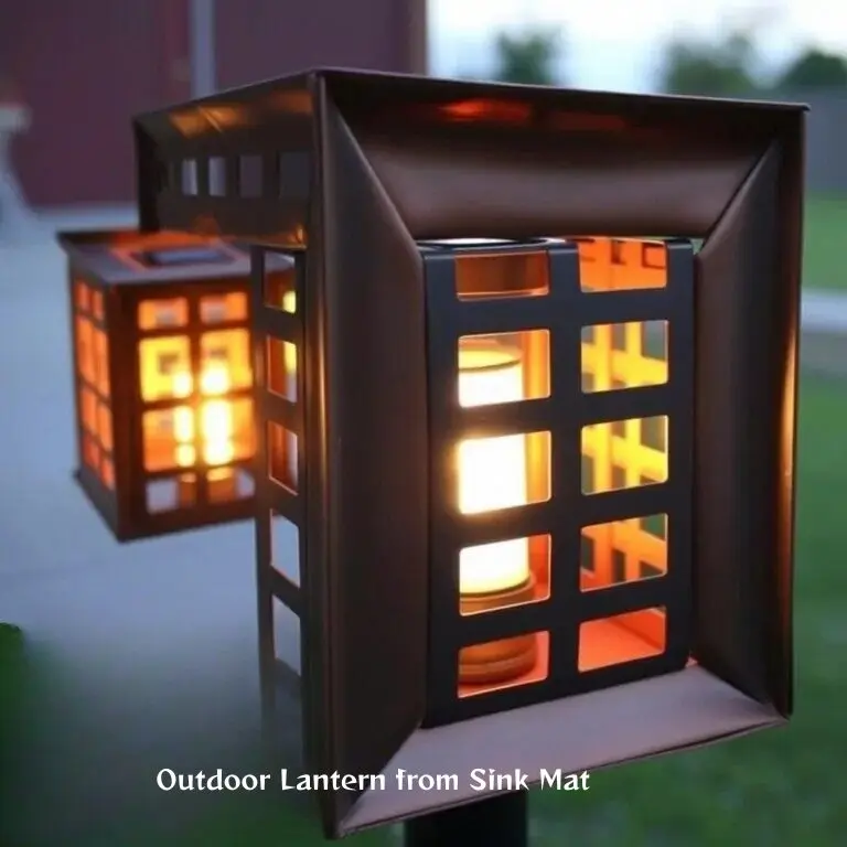 Outdoor lantern made from Dollar Tree sink mats with solar light inside Outdoor Lantern from Sink Mats