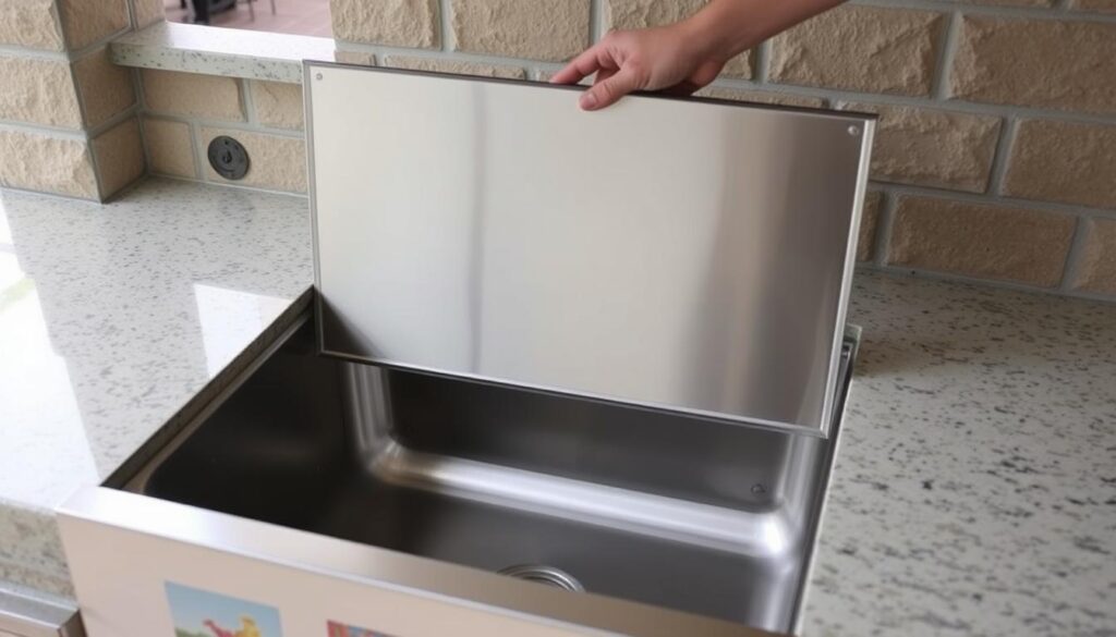 Outdoor kitchen sink with protective cover being installed