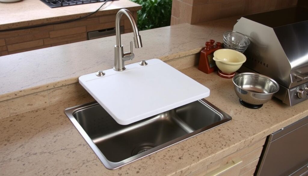 Outdoor kitchen sink workstation with cutting board and accessories