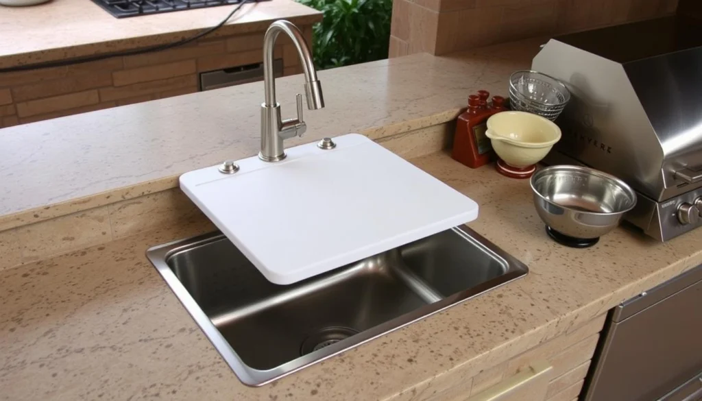 Outdoor kitchen sink workstation with cutting board and accessories Outdoor kitchen sink workstation with cutting board and accessories